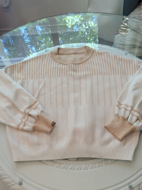 Cream & Tan Striped Crewneck Sweater Loose Relaxed Fit Small - Picture 3 of 13